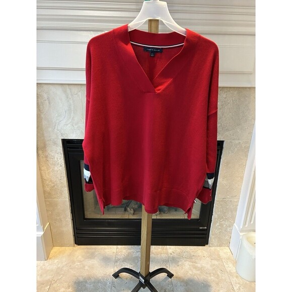 Women’s Size Large Red Tommy Hilfiger Cable-Knit V Neck Sweater Top Red. - Picture 3 of 8